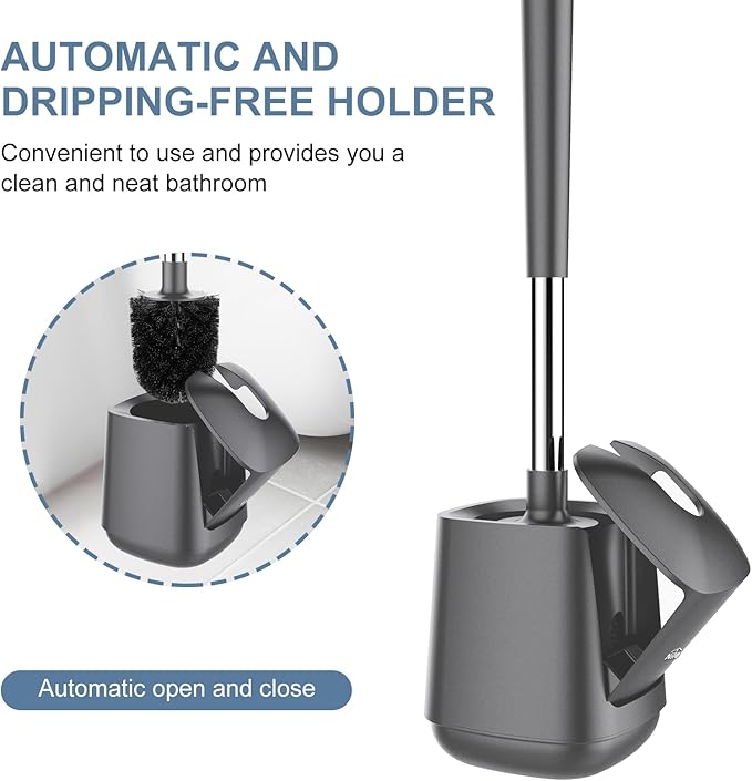SetSail Toilet Brush and Holder, Self Closing Lid Toilet Bowl Brushes Holder and Extra Long Handle Ventilated Toilet Brush Set for Bathroom Cleaning, Nylon Bristles, Grey