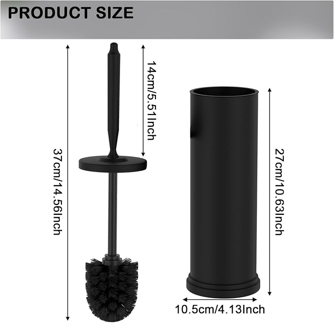 Stainless Steel Toilet Brush and Holder Set : Weighted Stable Base, Removable Inner Tube.Long Handle Toilet Bowl Brush Splash-Proof Design for Deep Cleaning & Space-Saving Storage,Black