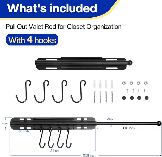 SUTINE 12 inch Valet Rod for Closet Pull Out, Heavy Duty Closet Valet Rods Slide Out, Adjustable Pull Out Closet Rods for Hanging Clothes with 4 Hooks Closet Organizers and Storage (Black)