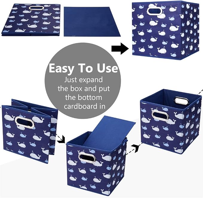 Whale Collapsible Cloth Storage Cube Baskets Blue Fabic Cube Bins 10.5x 10.5 x11 in Foldable Storage Cube Boxes Folding Storage Inserts Drawer for Cube Organizer Storage ,QY-SC11-3