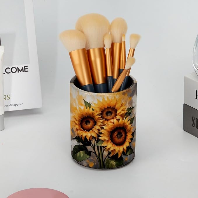 Retro Sunflowers Pattern Pen Holder Pencil Organizer for Desk, 3.1” x 3.1” x 3.9” Pencil Cup Office Supplies, Large Capacity Cute Pen and Makeup Brush Holder for Home, School, Desktop