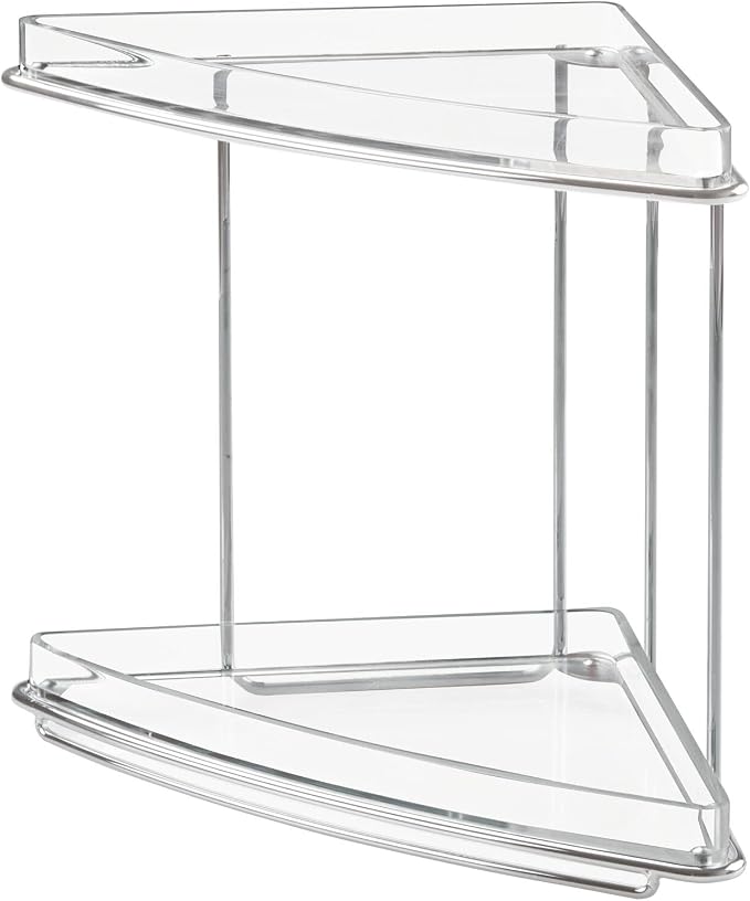 mDesign Steel/Plastic Freestanding Countertop Corner Shelf Organizer with 2-Tier Storage for Bathroom, Vanity, Cabinet, Counter - Holds Makeup, Bath Gel - Prism Collection - Clear