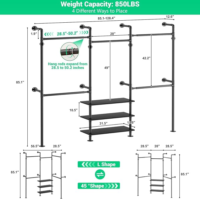 Aheaplus Expandable Industrial Pipe Clothing Rack, 7.3-10.9Ft Wall Mounted Closet System, Reversible L Shaped Clothes Rack for Hanging Clothes, Heavy Duty Corner Closet Wardrobe Garment Rack, Black