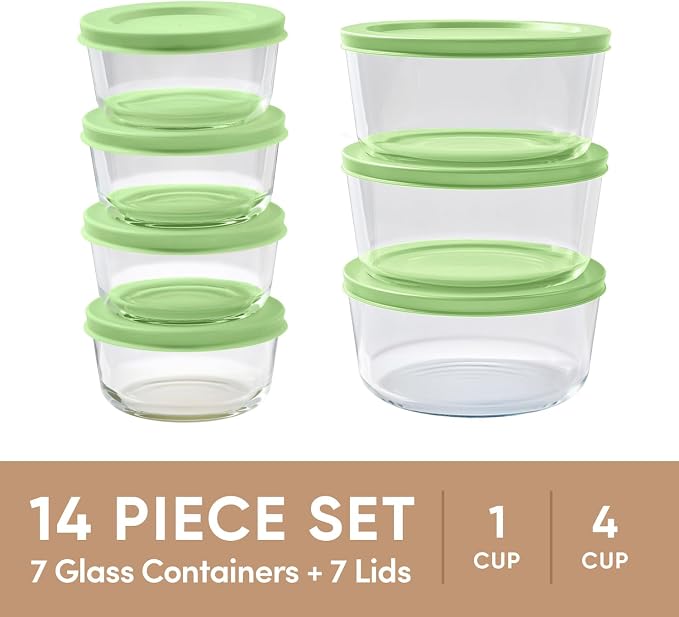 14-Piece Glass Food Storage Containers Set (7 Containers + 7 BPA-Free Lids) | 1-Cup & 4-Cup, Leakproof | Microwave, Freezer, Oven & Dishwasher Safe | Ideal for Meal Prep & Pantry Organization, green