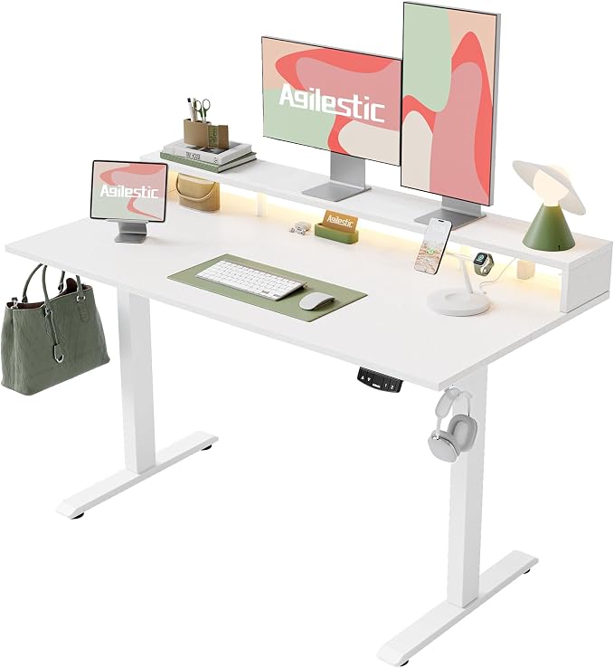 Agilestic 63x24 Inch Electric Standing Desk with Shelf, Height Adjustable with Power Outlets & LED, Sit Stand up Table with Monitor Stand, Computer Workstation, White