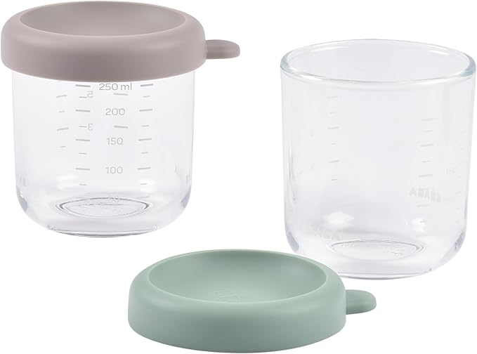 BEABA 2 Pack Glass Baby Food Jars with Soft Silicone Air Tight Lids, 8 oz Glass Storage Containers with Lids, Microwave and Freezer Safe Containers, Sage