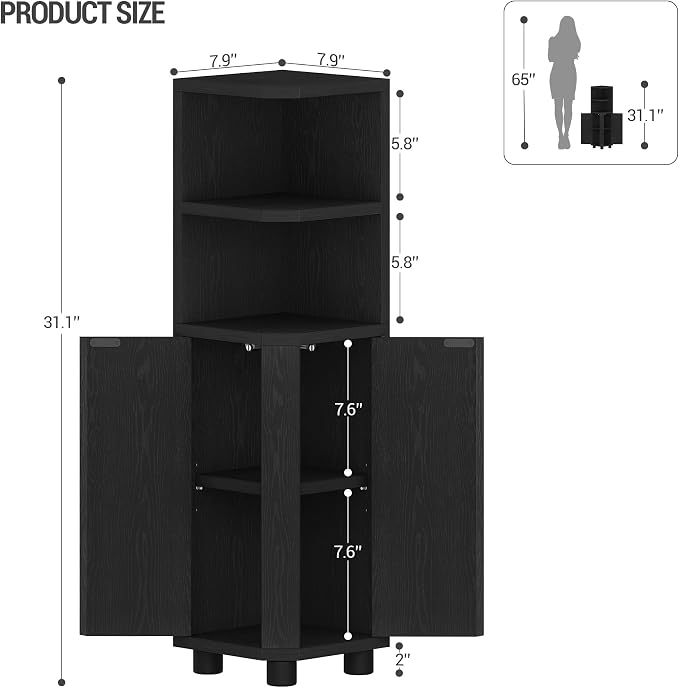 Hzuaneri Corner Cabinet, Small Bathroom Corner Cabinet with Doors | Narrow Storage Cabinets with Adjustable Shelves, Bathroom Organizers and Storage for Small Space, Black BC20004X