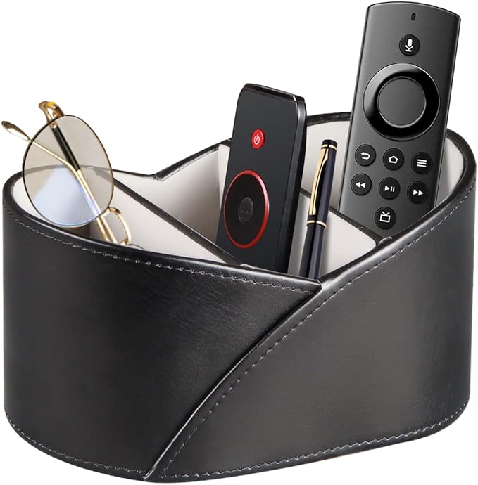 YAPISHI Leather Remote Control Holder for Table,TV Remotes Caddy 3 Grid Desk Organizer and Accessories Storage for Controllers/Stationery/Supplies, Modern Decorations for Living Room Nightstand Black