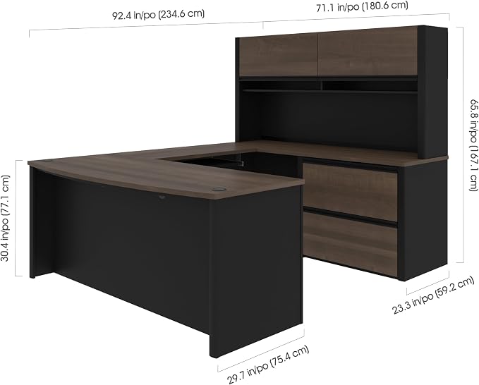 Bestar Connexion 72W U-Shaped Executive Desk with Lateral File Cabinet and Hutch in Antigua & Black | With Lateral File Cabinet and Hutch; with Narrow Desk Shell, Desk Shell, Desk Bridge, Keyboard Tray, CPU Stand; 2 file drawer
