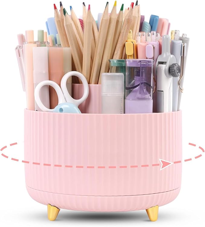 KONVINIT Pencil Pen Holder for Desk, 5 Slots 360 - Degree Rotating Desktop Organizer, Cute Desk Organizers and Accessories for School, Home, Office and Art Supply, Pink