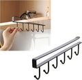 Under Cabinet Hook Rack 1 Pack, No Drill Under Cupboard Hanging Cup Holder, 6 Hooks Metal Utensil Hanger, Closet Cabinet Storage Organizer for Mugs, Kitchen Utensils, Scarves, Bags (Black)