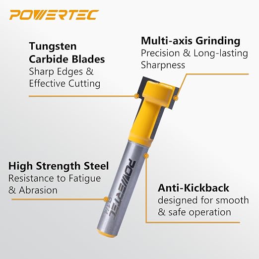 POWERTEC T Track Router Bit, Tungsten Carbide Tipped Router Bit, 1/4" Shank, 1/2" Dia., Slatwall for Picture Frames, T Track Accessories, Compatible with 1/4" T Bolts (73068)