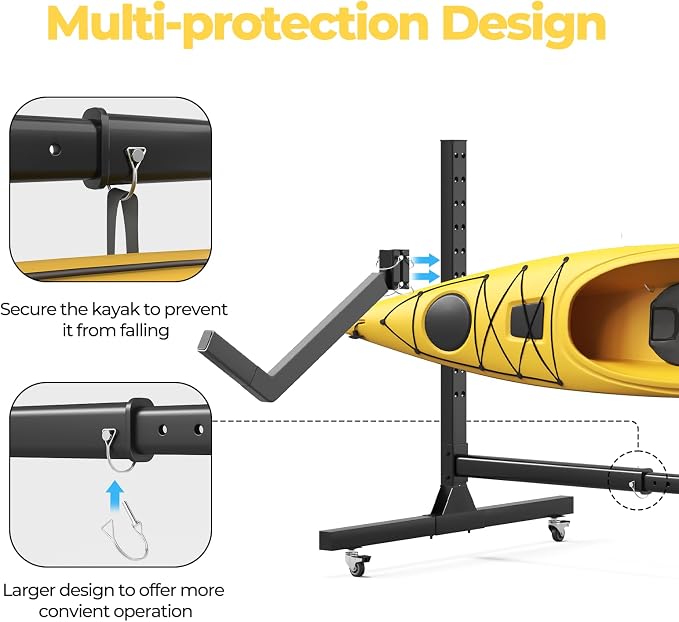 Freestanding Adjustable Kayak Storage Rack, 2 Sides Kayak Bracket, Durable Kayak Rack with Lockable Wheels for Indoor, Outdoor, Garage, Shed, Dock