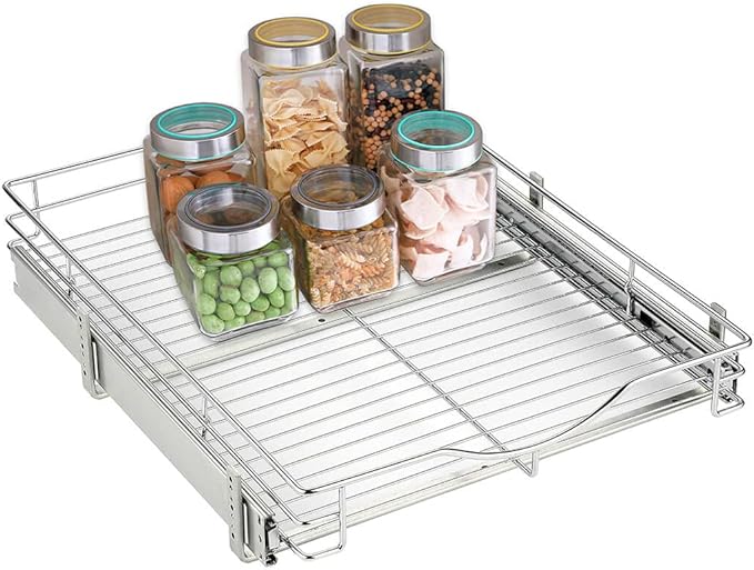DINDON 1 Tier Pull Out Cabinet Organizer (20" W x 18" D) Heavy-Duty Metal Sliding Drawer Shelf, Slide Out Wire Basket for Kitchen Cabinets, Pantry, Bathroom, Chrome Finish…