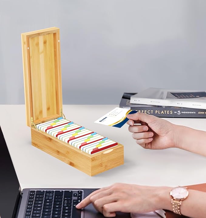 Neando Bamboo Business Card Organizer for 2x3.5 Cards – 600-Card Capacity Wooden Holder with Lid, 4 Compartments, Includes 20 Thick Index Cards – Natural Mini Card Filing Box