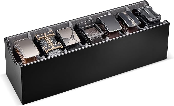 Lolalet Belt Organizer for Closet, Belt Box & Storage Drawer -Black | PU Leather Belt Holder with 7 Extra-Wide Compartments, Soft Lining, Fits Entryway Cabinet, for Men & Women, 1 Pack