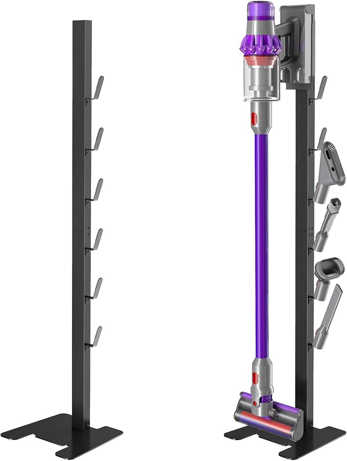 XIGOO Dyson Vacuum Stand for Gen5 Detect V15 V12 V11 V10 V8 V7 V6 | Vacuum Stand for Dyson Cordless Vacuum Cleaners and Accessory, Heavy-Duty Metal Bracket Holder with 6 Hooks, Black