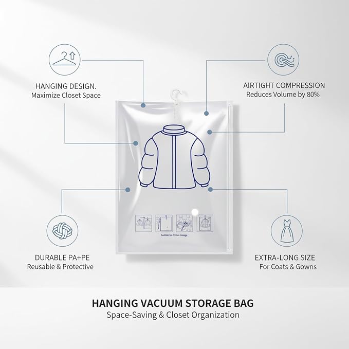 Hanging Vacuum Storage Bags for Clothes - Reusable PA+PE Space Saver Bag for Closet Organization, Fits Standard Rods (1 Pack, White)
