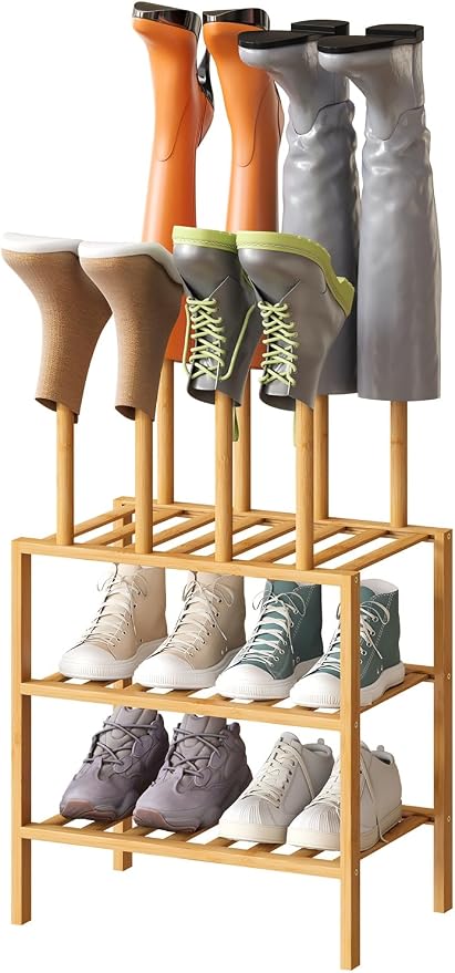 kiplant Small Boot Rack Organizer Tall Boots- 4 Pair Boot Rack Bamboo Wood Shoe Rack for Entryway & Closet, Holds Tall Boots