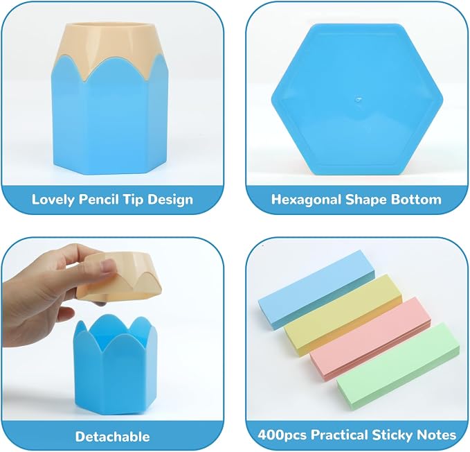 5Pack Pen Holder for Desk Pencil Holder Pencil Tip Design Pen Pencil Cup Office Desk Organizers Accessories Makeup Brush Organizer with 400Pcs Sticky Notes for Office Classroom Home Crafts Supplies