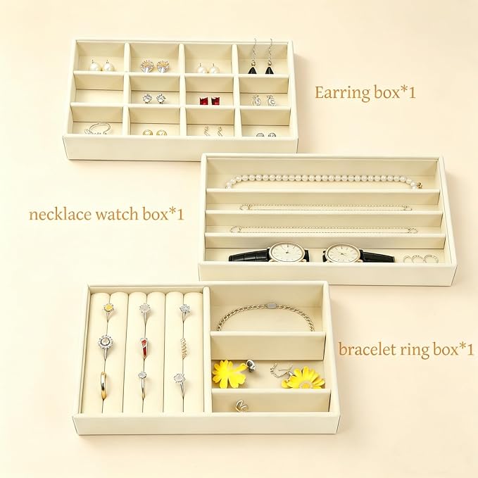 Jewelry Storage Organizer, Stackable Drawer Trays with Removable Dividers, Velvet Jewelry Display Case for Earrings Rings Necklaces Bracelets（3Pack）