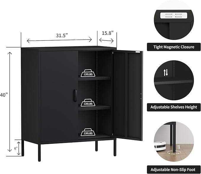 Ustamio 2 Door Metal Storage Cabinet with 2 Shelves, 3 Tier Garage Storage Locker Cabinet for Home, Entryway, Hallway and Office, Assembly Required, Black, (LC-CSG)