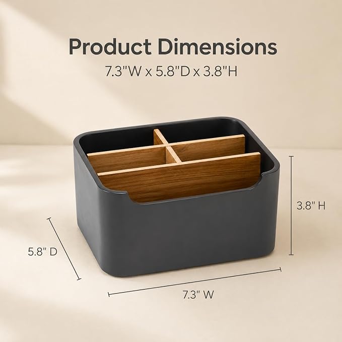Remote Control Holder, Desk Organizer with Removable Dividers,Black | 5-compartment resin and wood organizer holds remotes, pens, glasses, and media devices for desk, coffee table, or nightstand