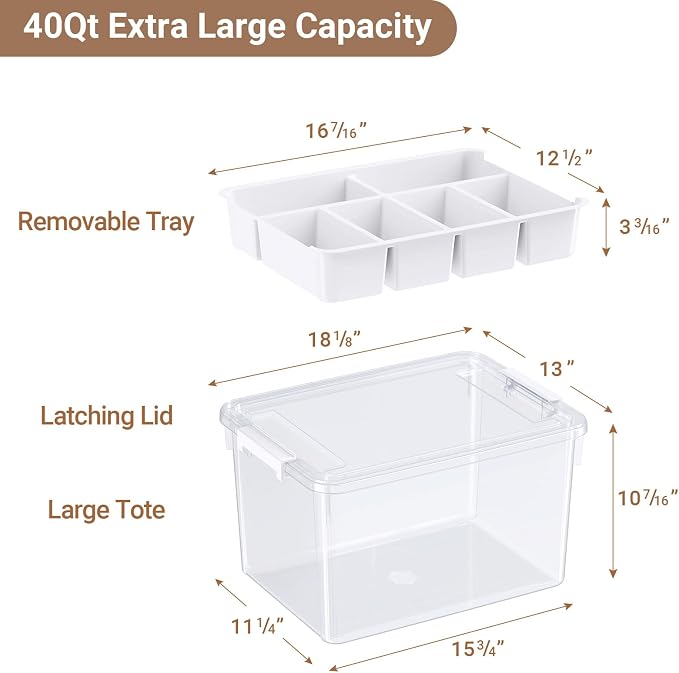 40Qt Large Stackable Storage Bin with Lid & Tray, Clear Plastic Latching Box Organizer with Divider Portable 10Gal Container for Arts & Crafts, Home and Car Trunk Organization, 1Pack