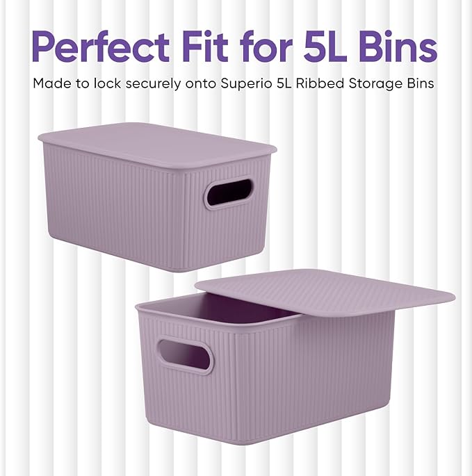 Superio Ribbed Collection - Decorative Plastic Basket Open Home Storage Bins Organizer, Lilac (Parent) Container Boxes for Organizing Closet Storage Bins for Shelves (Lid - Medium (5 Liter), 2 Pack)