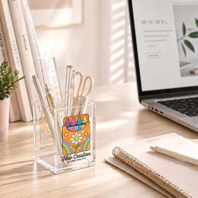 Funny New Creation 2 Corinthians 5:17 Acrylic Pencil Holder Cup | Christian Daisy Crayon Pen Holder Gifts for Women Friend Coworker Boss Teacher, Bible Verse Home Office Desk Accessories