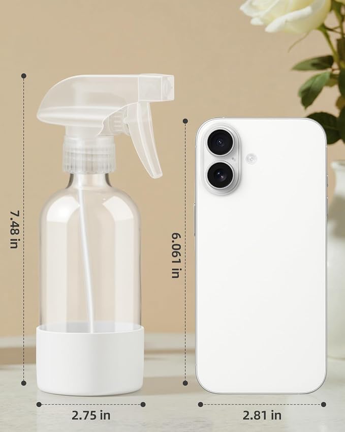 Worldgsb 2 Pack Glass Spray Bottles 8 oz, Empty Refillable Containers with Silicone Sleeve Protection, Glass Spray Bottles for Cleaning Solutions, Hair and Plants with Adjustable Nozzles White
