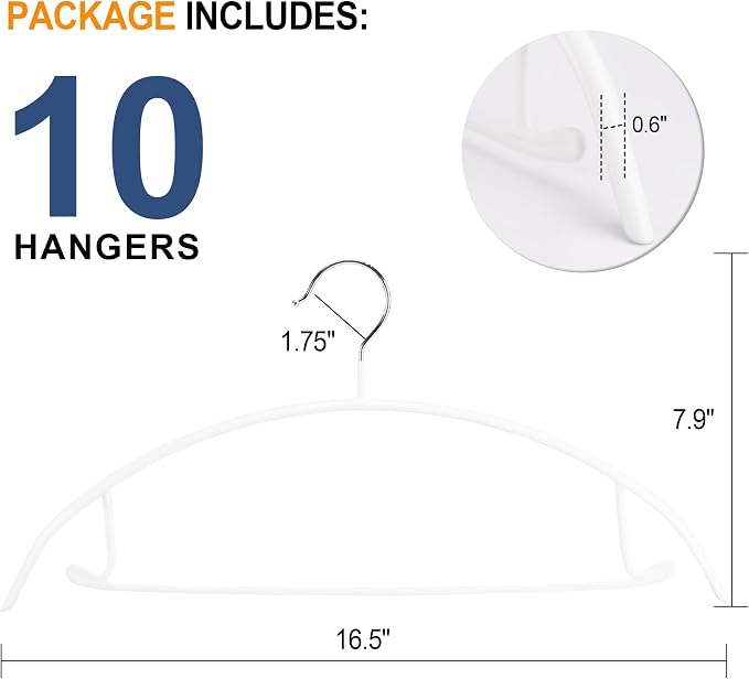 Sweater Hangers No Shoulder Bump, Non-Slip Rubber & Rust-Free Metal | Heavy Duty and Ergonomic Curved for Closet Clothes like Suits Coats Pants Dresses or Shirts, Set of 10, White Coated