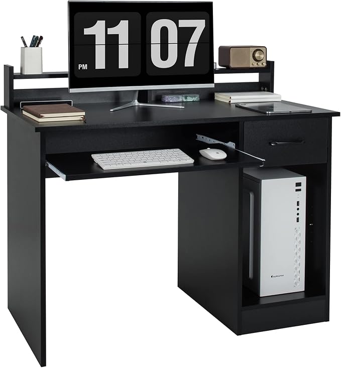 COSTWAY Computer Desk with Hutch, Home Office Desk with Drawer, Adjustable Shelf & Keyboard Tray, Study Writing Desk, Executive Workstation for Living Room, Bedroom & Study (Black)