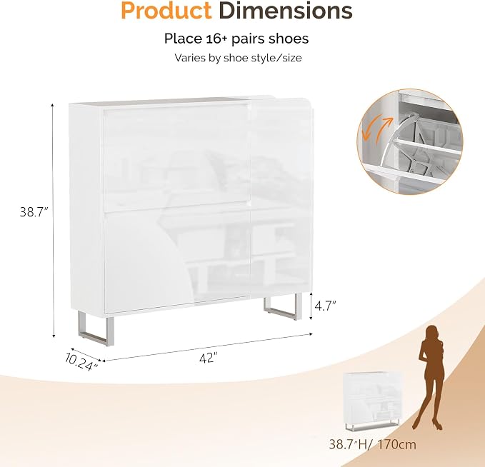 VINGLI Modern High Gloss Shoe Cabinet with LED Lights, Narrow Shoe Storage Organizer with 2 Flip Drawers & Side Cabinet for Tall Boots, Slim Entryway Space Saving, 42", White