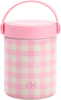 Paris Hilton Limited Edition Gingham Insulated Food Jar, Stainless Steel Vacuum Insulated Food Container with Folding Carry Handle, Leak-Proof Lid, 15-Ounce, Pink
