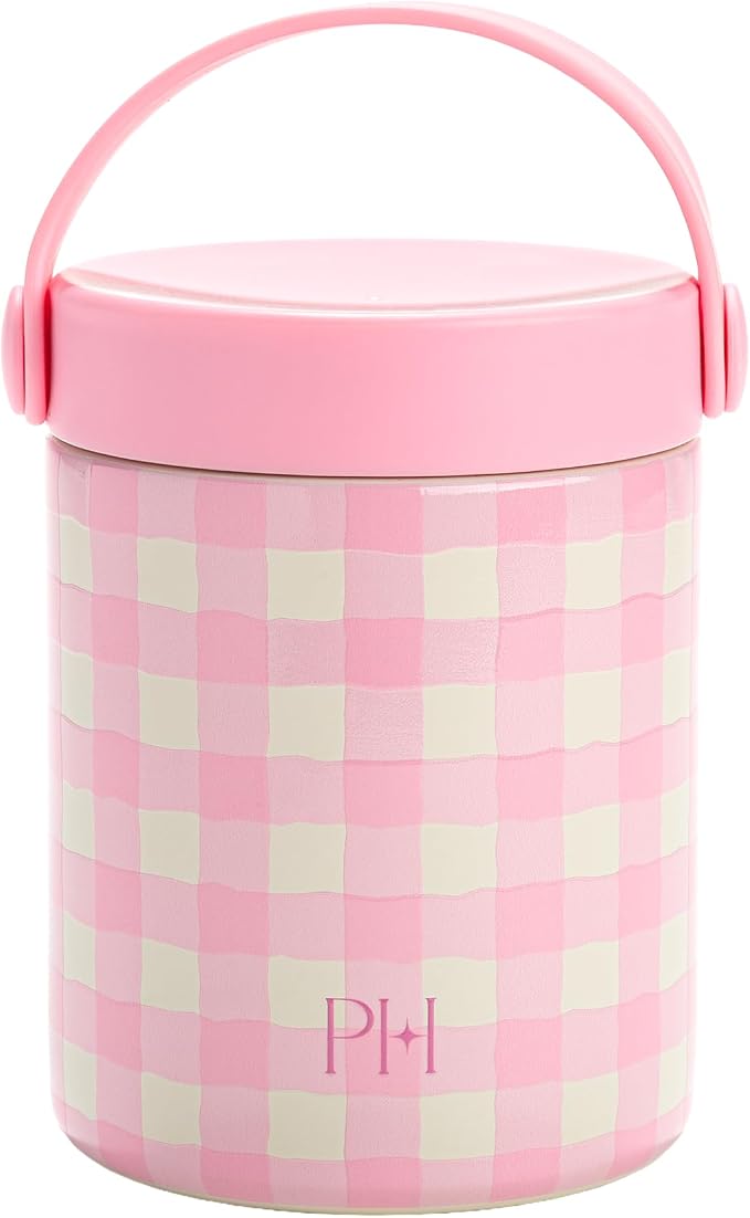 Paris Hilton Limited Edition Gingham Insulated Food Jar, Stainless Steel Vacuum Insulated Food Container with Folding Carry Handle, Leak-Proof Lid, 15-Ounce, Pink