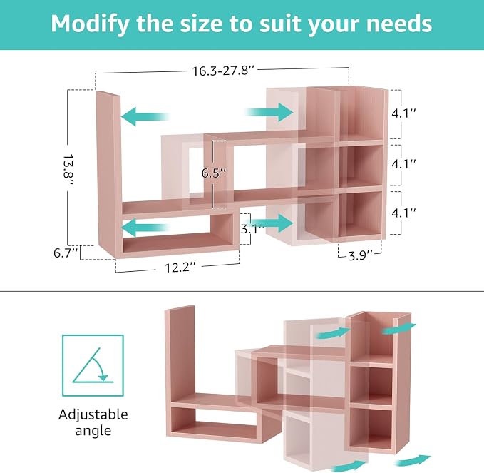 NUTIKAS Desk Shelves Desktop Organizer Shlef - Pink Office Organization for Top of Desk Organizers and Accessories Corner Bookshelf Table Top Shelving Small Hutch Decorations for Office