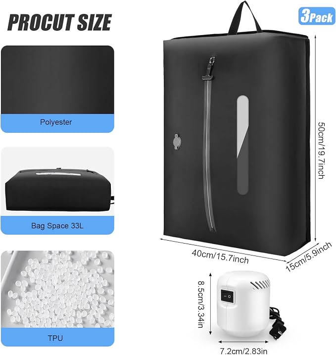 3PCS Vacuum Bags for Travel with Pump, 33L Large Vacuum Travel Bags with Pump, Reusable Vacuum Compression Bags, IP67 Waterproof Airtight Travel Bags for Luggage, Backpack & Suitcase, Black