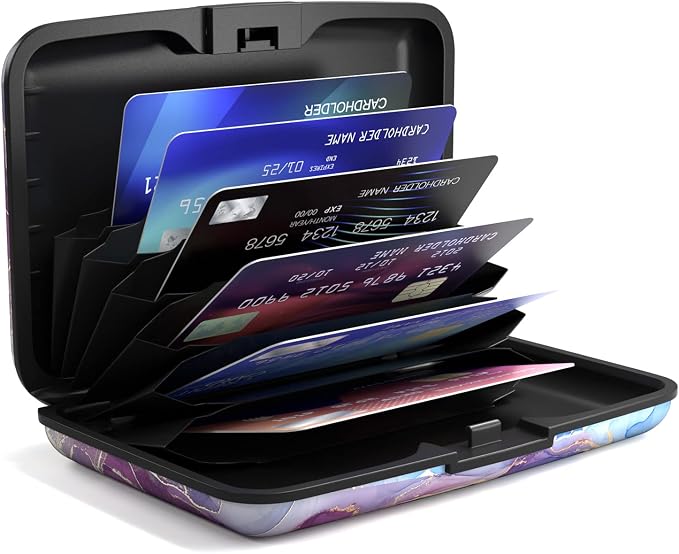Credit Card Holder Wallet, Small RFID Metal Credit Cards Wallet Cute Pocket ID Case for Women and Men, Blue Purple Marble