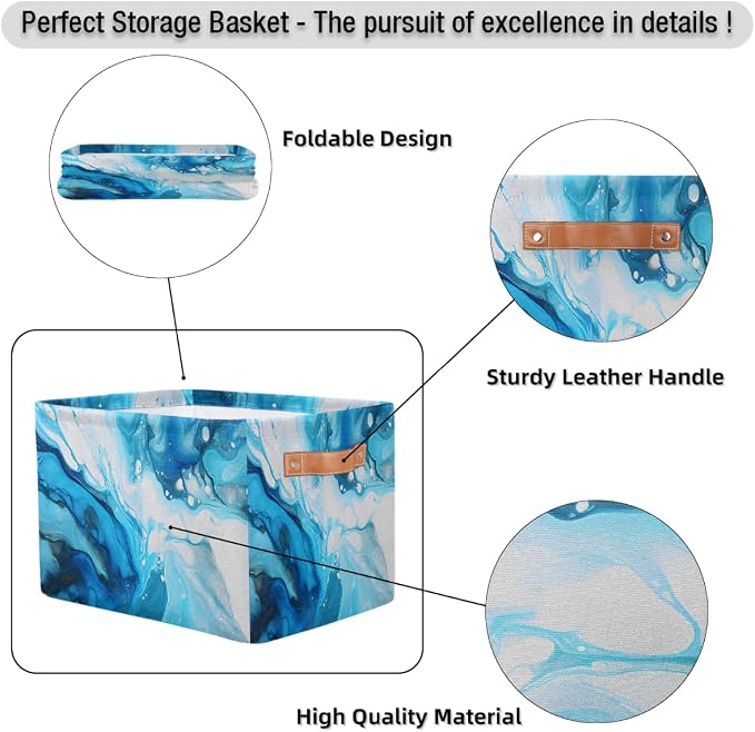 Cube Storage Bins for Shelves, Blue Marble Texture Collapsible Fabric Toys Storage Basket Box with Handles for Home Office Bedroom Closet