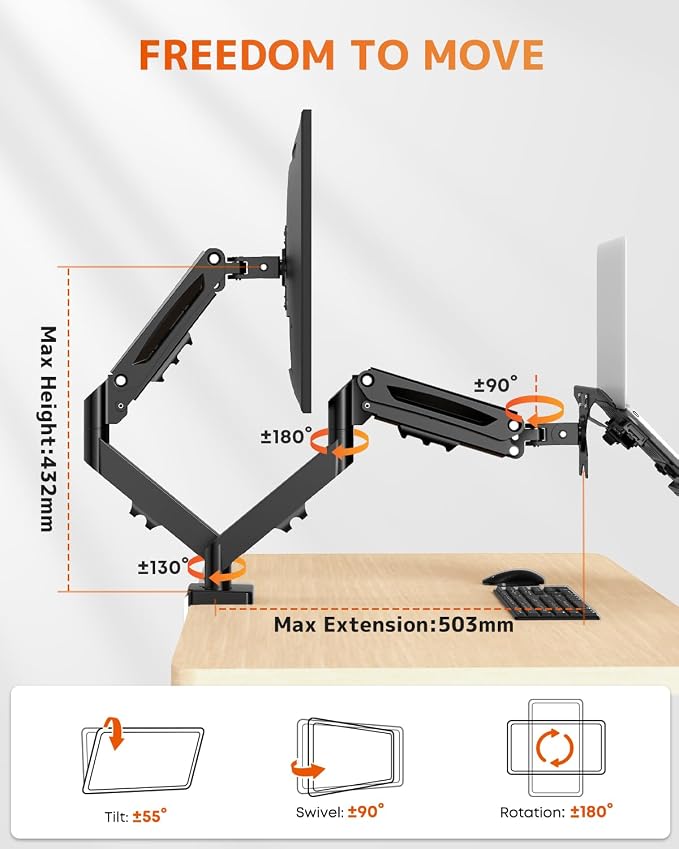 PUTORSEN Monitor and Laptop Arm for Max 32” Monitor and 17” Laptop | 19.8lbs per Arm, Ergonomic Dual Monitor Stand, Fully Adjustable Gas Spring Laptop Tray Arm, VESA 75/100 mm