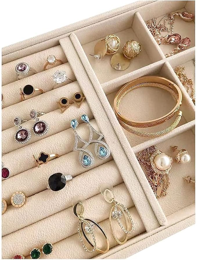 Premium Grade Beige Velvet Jewelry Organization Trays Rings and Accessory Stacklabe Organizer Drawer Insert Closet Divider Table Top