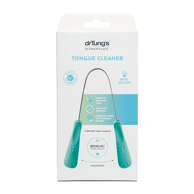 DrTung's Stainless Tongue Scraper - Tongue Cleaner for Adults, Kids, Helps Freshens Breath, Easy to Use Comfort Grip Handle, Comes with Fabric Travel Pouch - Stainless Steel Tongue Scrapers, (1 Count)