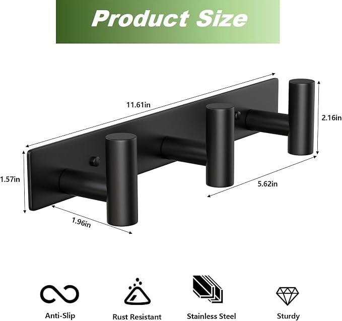 Wall Mounted Coat Rack-3 Hooks, Heavy Duty Stainless Steel Wall Hooks for Towel Coat Bag, Hat Rack Coat Hanger Coat Hooks Towel Racks for Bathroom Entryway Kitchen Hotel Office (Black, 1 Pack)