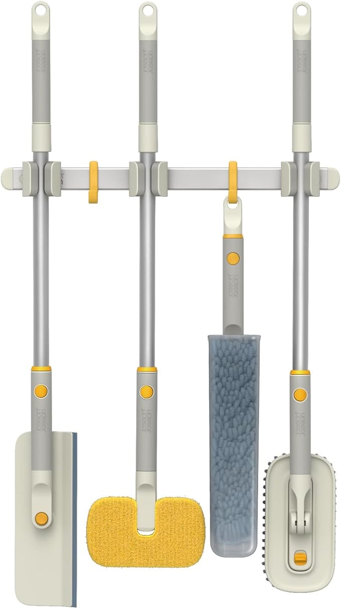 Joseph Joseph CleanTech Cleaning Utility Tool Storage Rail, Organizer Rack with 3 Adjustable Grips and 3 Hooks, Screws Included