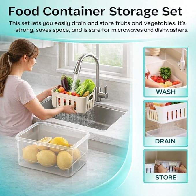 Fruit Containers for Fridge Keep Fresh, 5-Pack Food Storage Containers with Lids, Meal Prep Containers, Fridge Storage with Removable Colander, Microwave & Dishwasher Safe (Cream)
