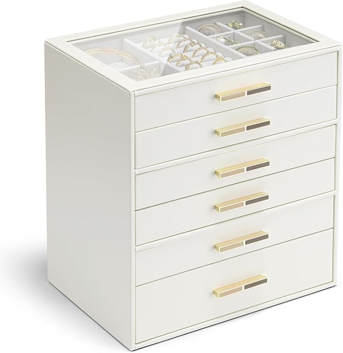 VLANDO 6-Drawer Jewelry Box with Glass Lid, Faux Leather Organizer for Rings Earrings Necklaces and More, Gift-Ready Jewelry Case for Women Girls or Moms, Beige