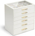 VLANDO 6-Drawer Jewelry Box with Glass Lid, Faux Leather Organizer for Rings Earrings Necklaces and More, Gift-Ready Jewelry Case for Women Girls or Moms, Beige