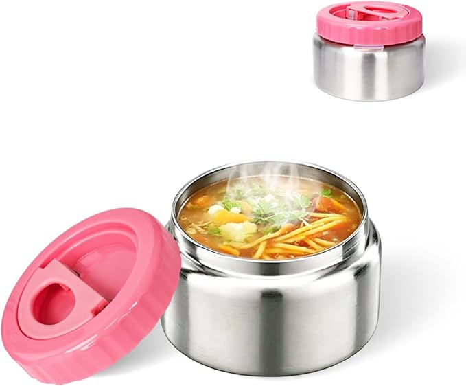 Vacuum Insulated Food Container for Hot & Cold Food, Easy to Open No Twisting Lid, BPA-free，Leak Proof (Pink)