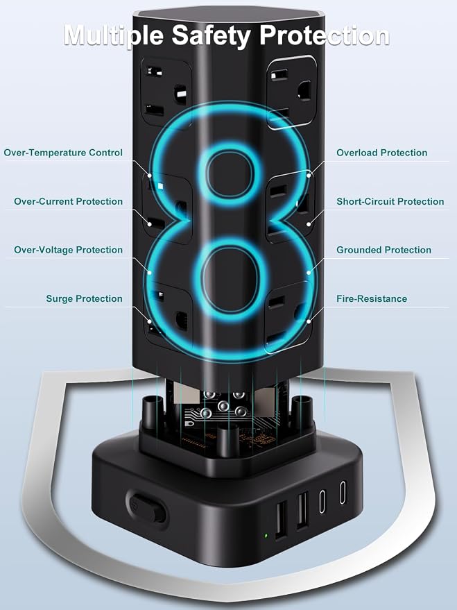 Power Strip Tower Surge Protector, 6FT Flat Plug Extension Cord with Multiple Outlets, 12 AC Outlets 4 USB (2 USB C), Desktop Charging Station with Surge Protection for Home Office Dorm Room, Black